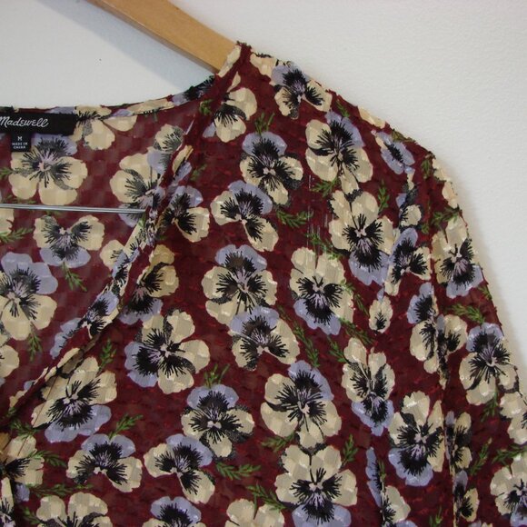 Madewell Pansy Print Blouse Viola Floral V-neck Wine Burgundy Size Medium - Picture 8 of 16